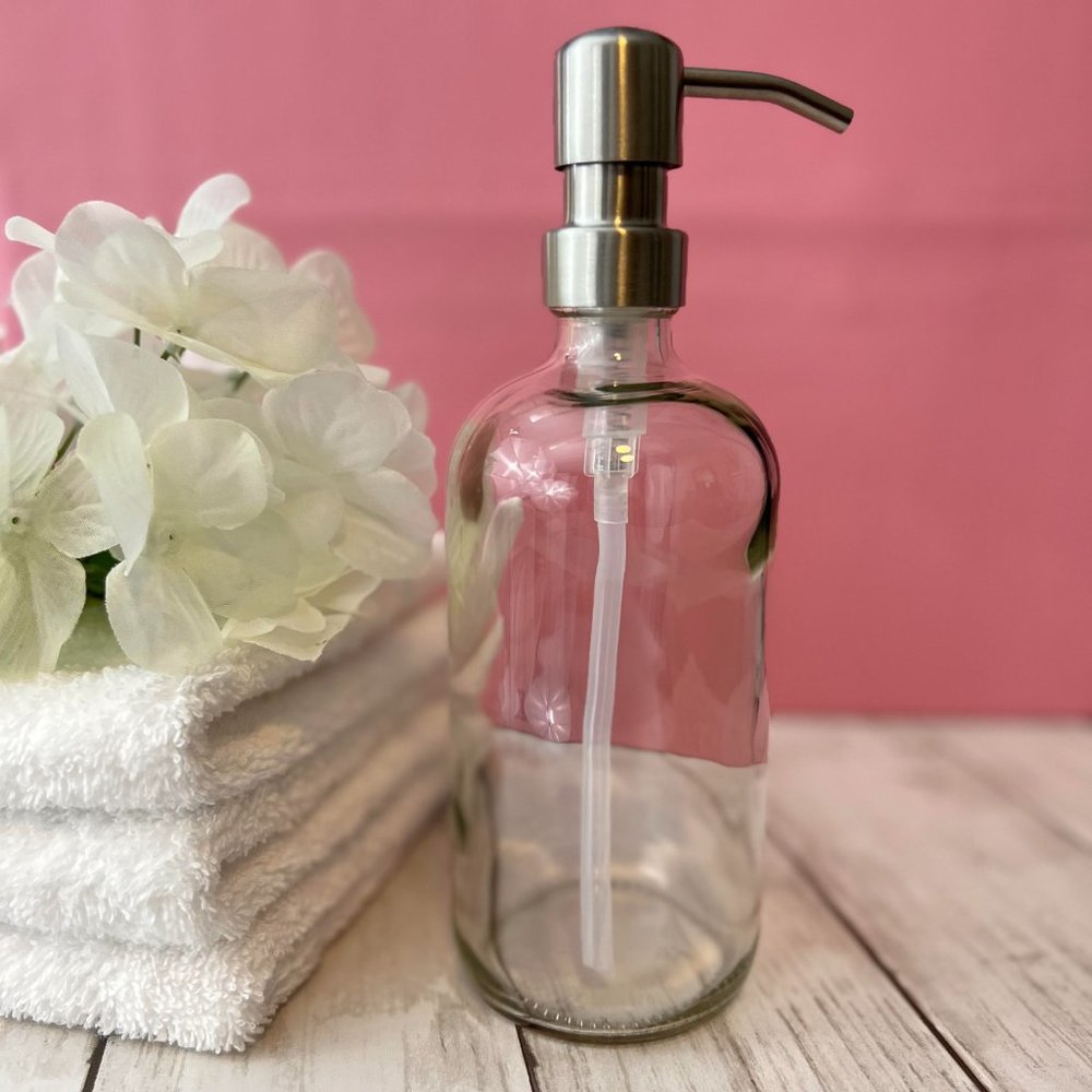 16 OZ. GLASS SOAP DISPENSER W/ METAL PUMP (CLEAR GLASS/SILVER PUMP)